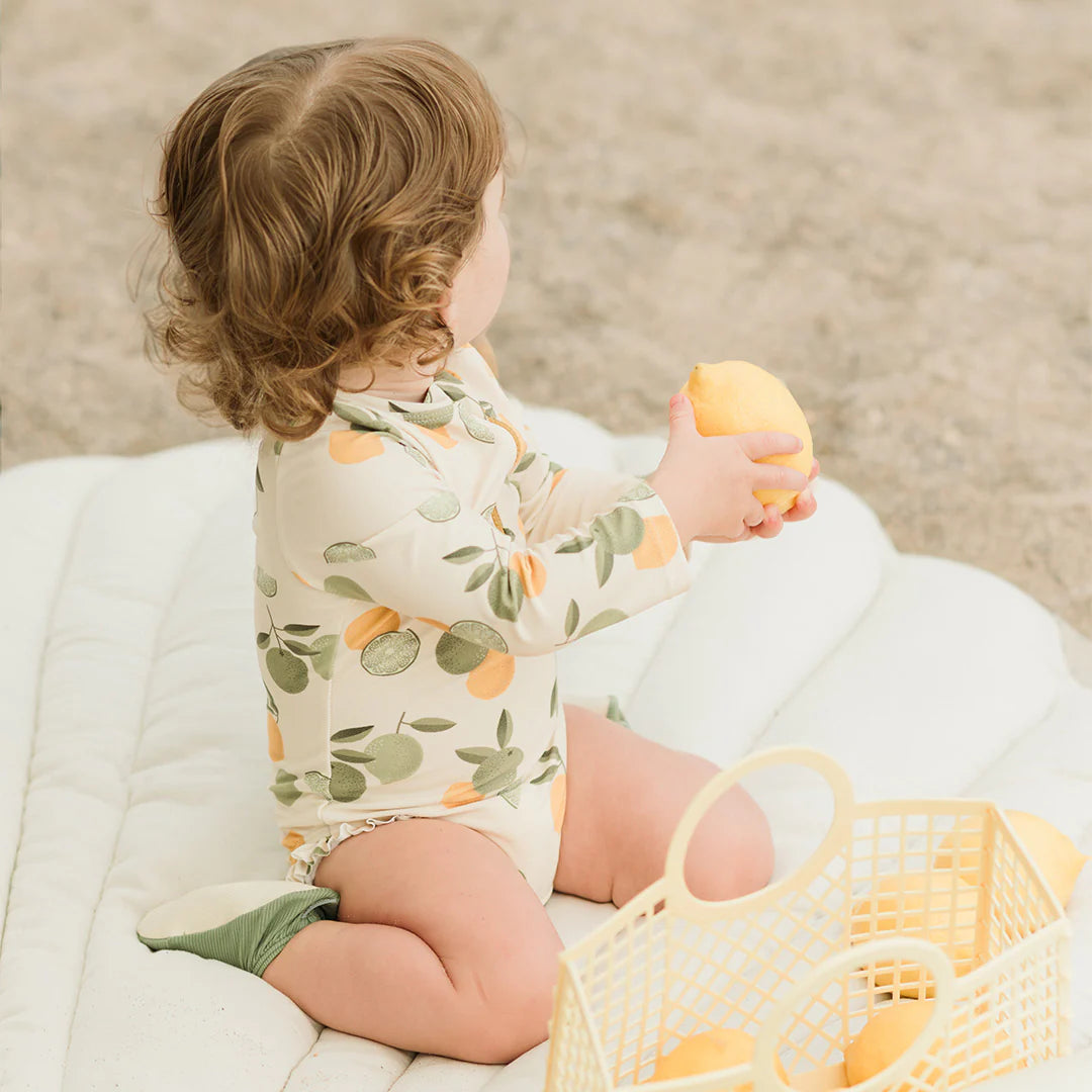 Citrus Print on Antique White Long-Sleeve One-Piece Swimsuit| Petit Lem