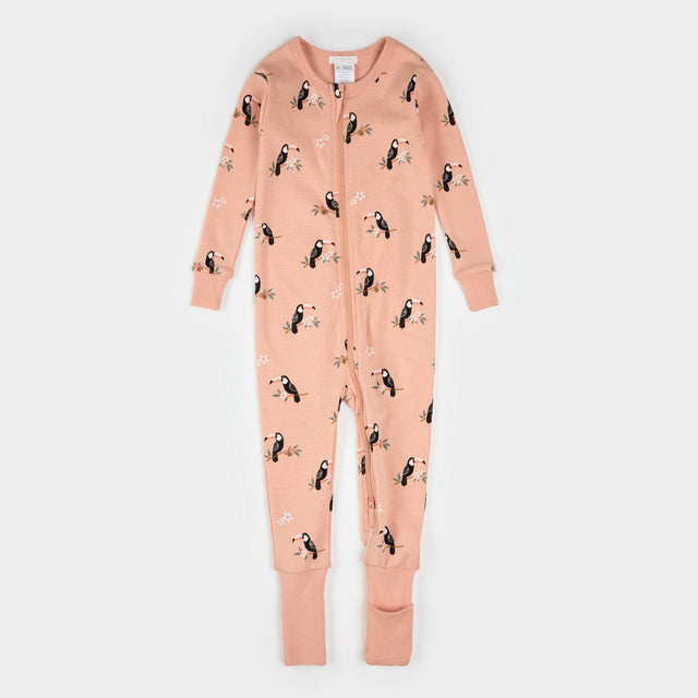 Petit Lem baby toucan print convertible sleeper papaya pink organic cotton