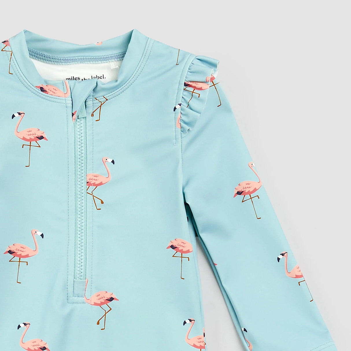 Flamingo Print on Canal Blue Long-Sleeve Swimsuit | Miles The Label