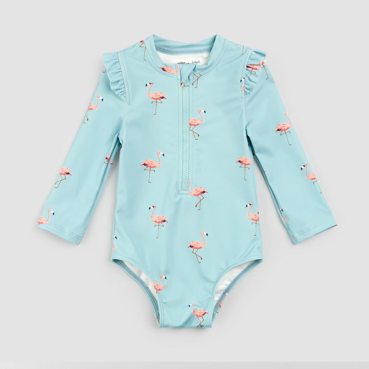Flamingo Print on Canal Blue Long-Sleeve Swimsuit | Miles The Label