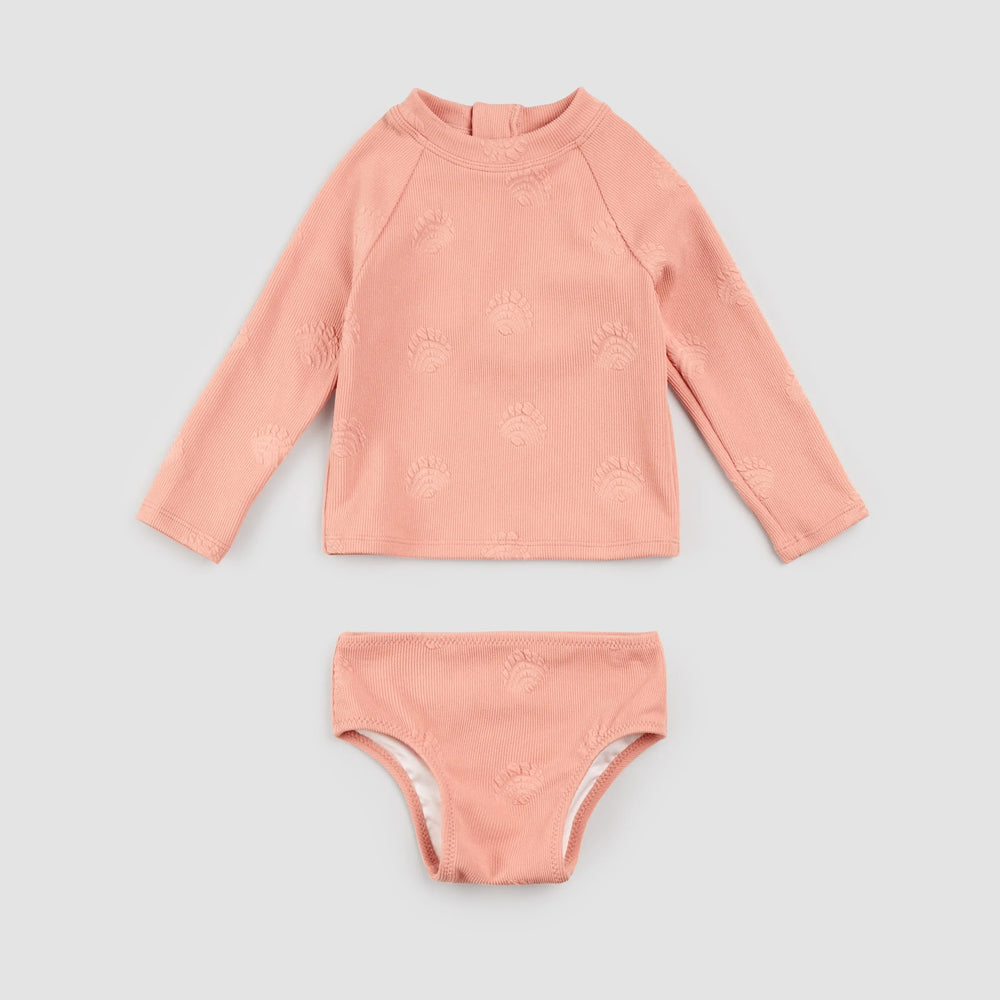Embossed Seashell Print on Ribbed Coral Long-Sleeve Rashguard Swim Set | Petit Lem