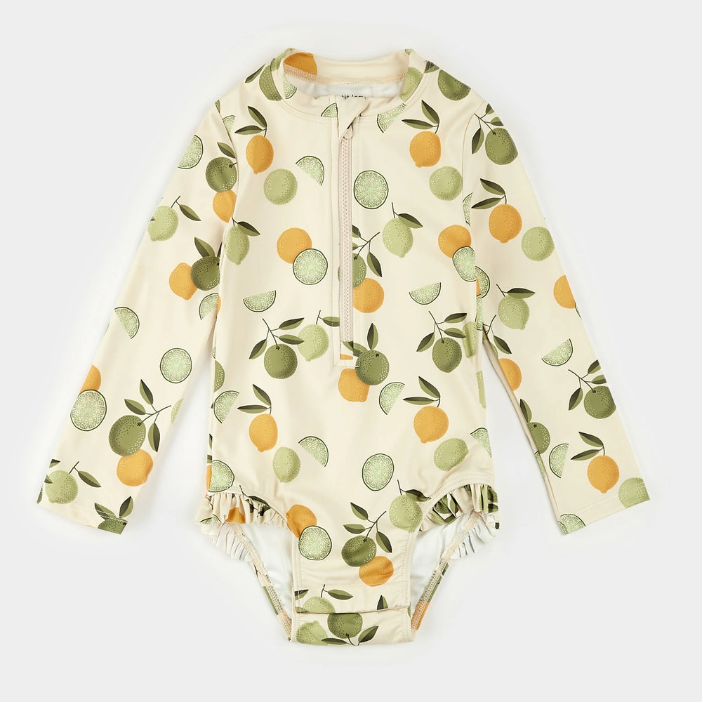Citrus Print on Antique White Long-Sleeve One-Piece Swimsuit| Petit Lem