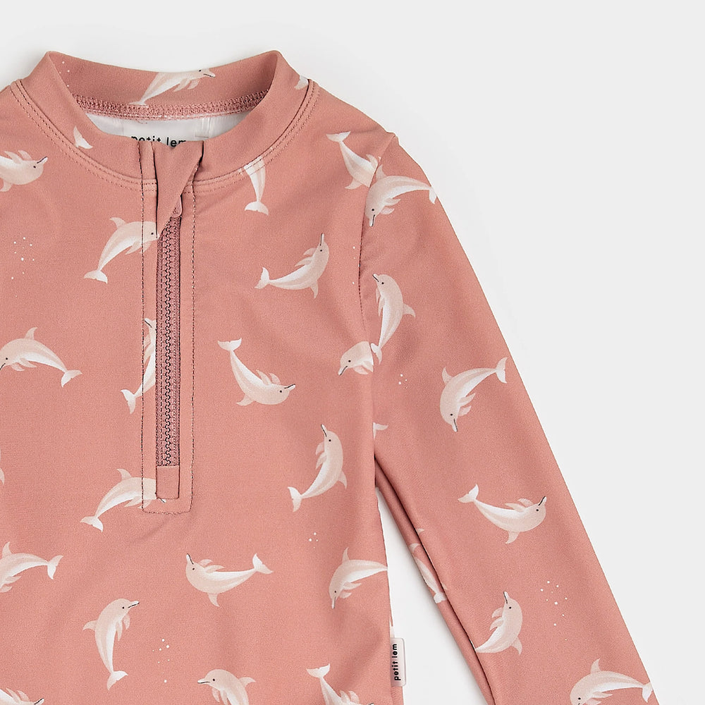 Dolphin Print on Wild Rose Long-Sleeve One-Piece Swimsuit| Petit Lem