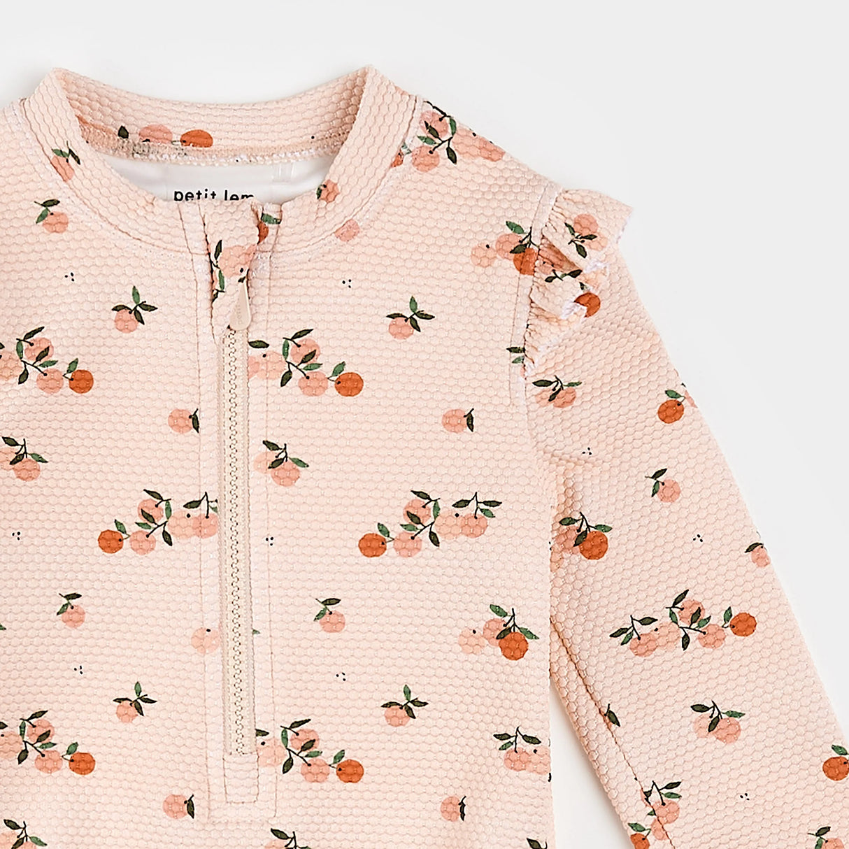 Oranges Print on Crème Tan Long-Sleeve One-Piece Swimsuit| Petit Lem