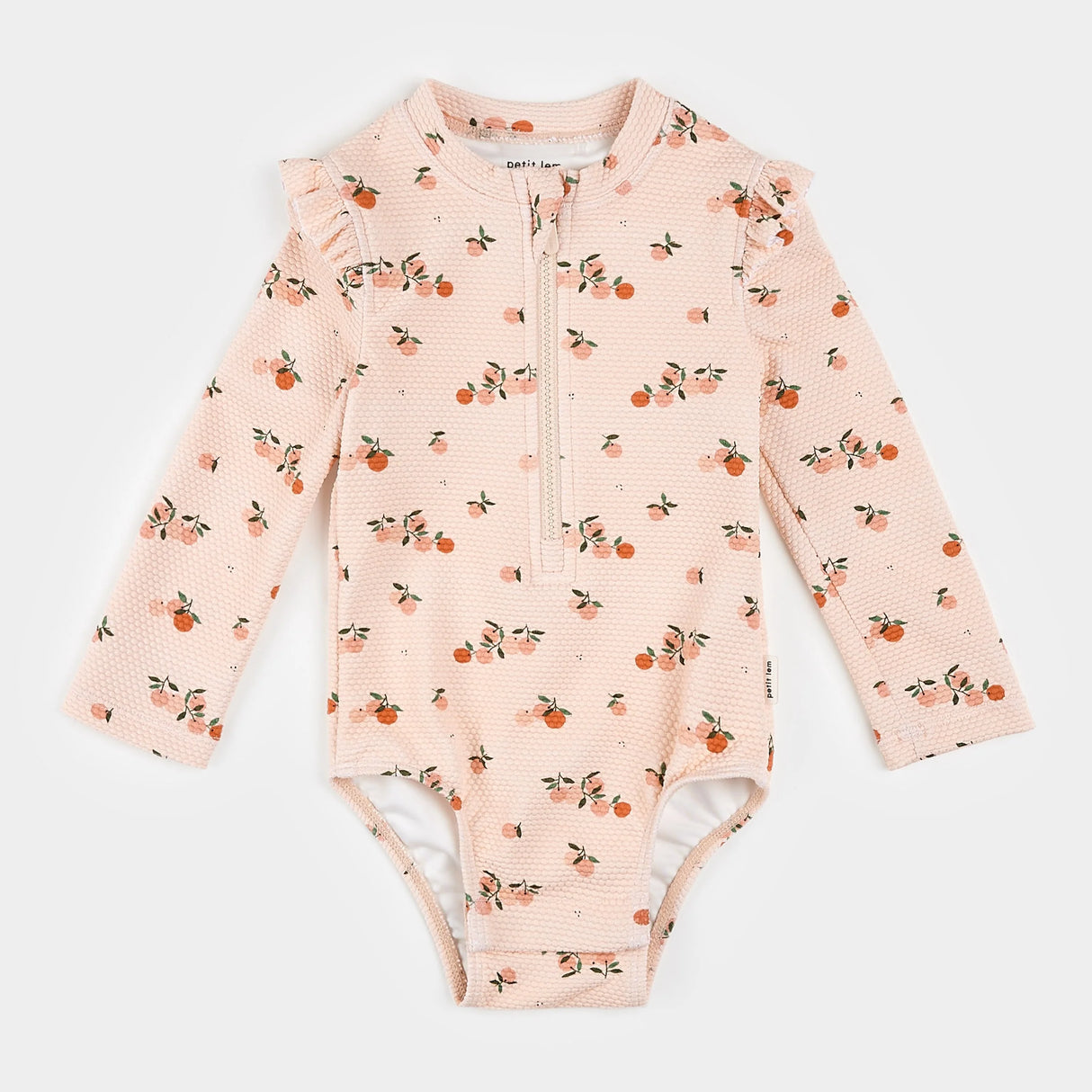 Oranges Print on Crème Tan Long-Sleeve One-Piece Swimsuit| Petit Lem