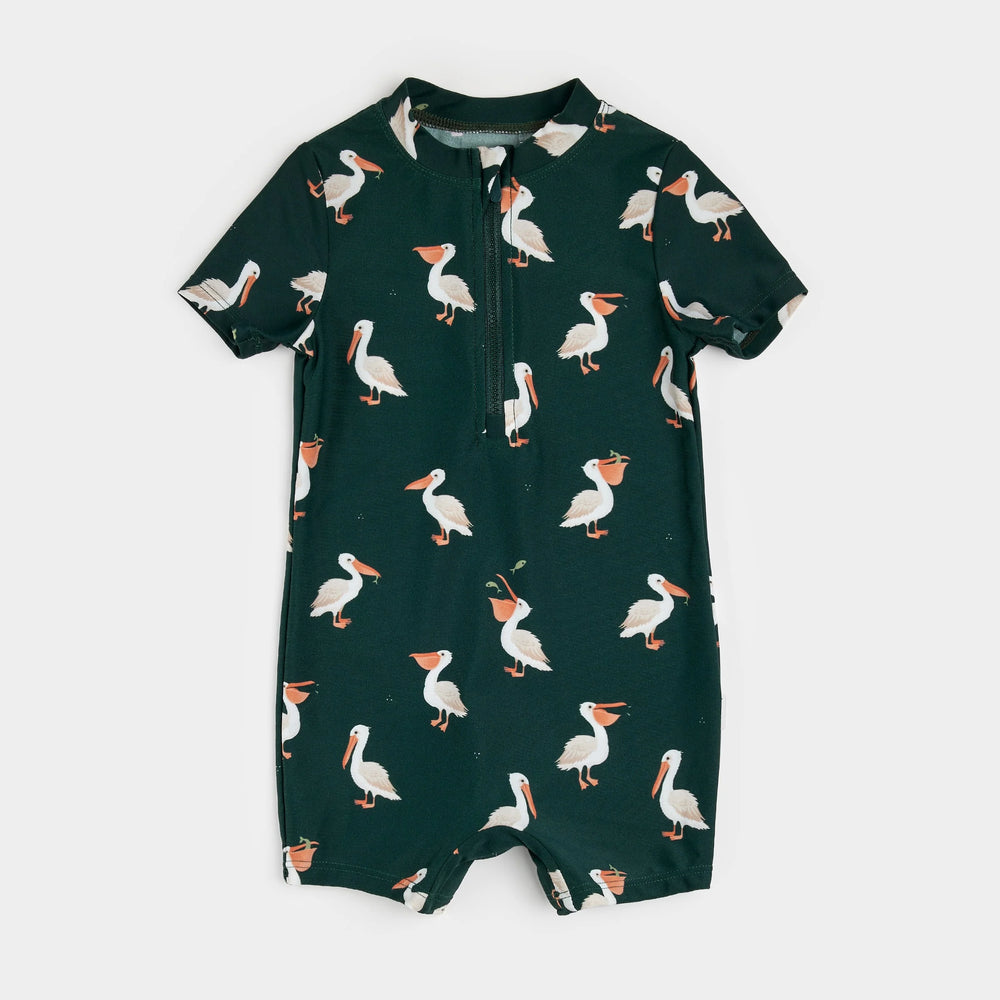 Pelican Print on Deep Sky Swim Romper | Petit Lem
