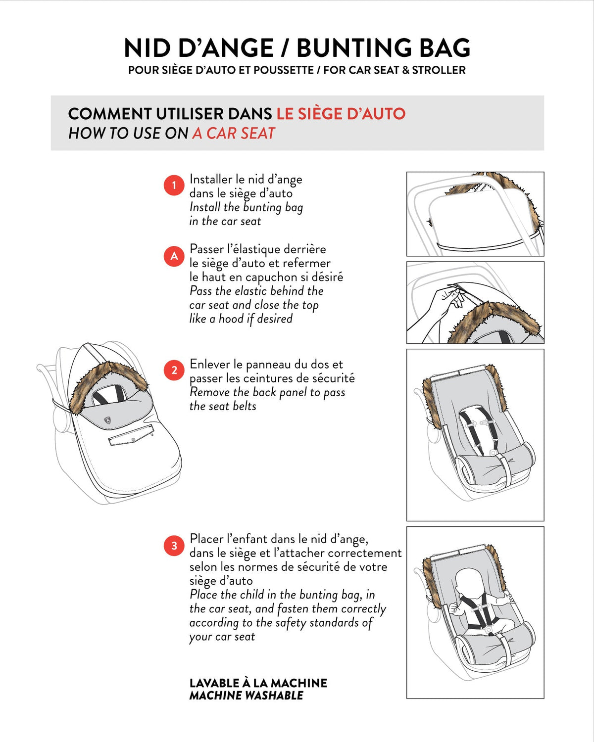 Car seat installation steps for the black Deux par Deux bunting bag (instruction diagram)
