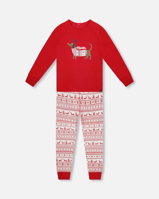 Adult Women Organic Cotton Two-Piece Pajamas Red And White Fairisle | Deux par Deux | Jenni Kidz