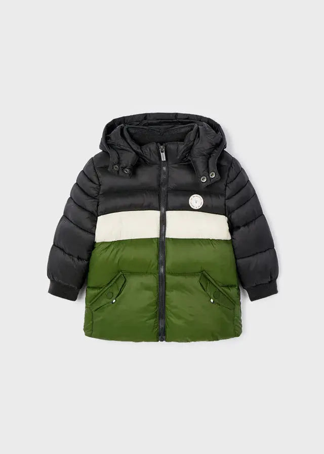 Green/black Mayoral baby boy puffer jacket with hood and zip front; quilted poly fill for winter warmth.