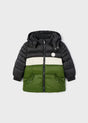 Green/black Mayoral baby boy puffer jacket with hood and zip front; quilted poly fill for winter warmth.