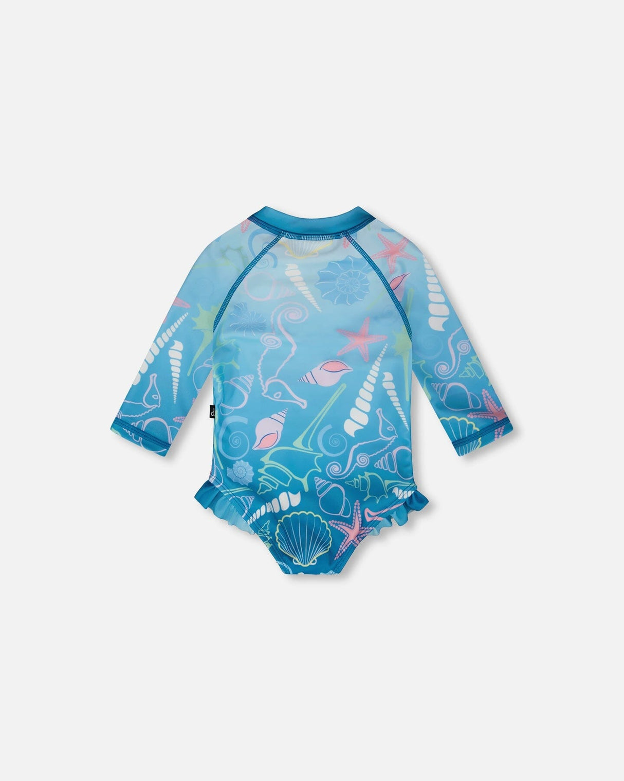 Back view of blue seashell and seahorse rashguard one-piece for baby and toddler girls