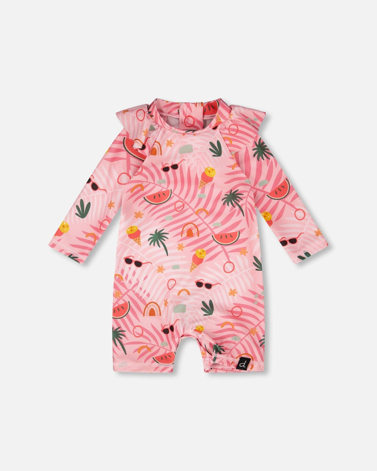 Front flat lay of Deux par Deux baby girl long sleeve rashguard one-piece in pink beach print