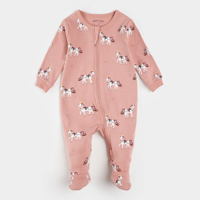 Baby royal horses print footed sleeper rose pink organic cotton front