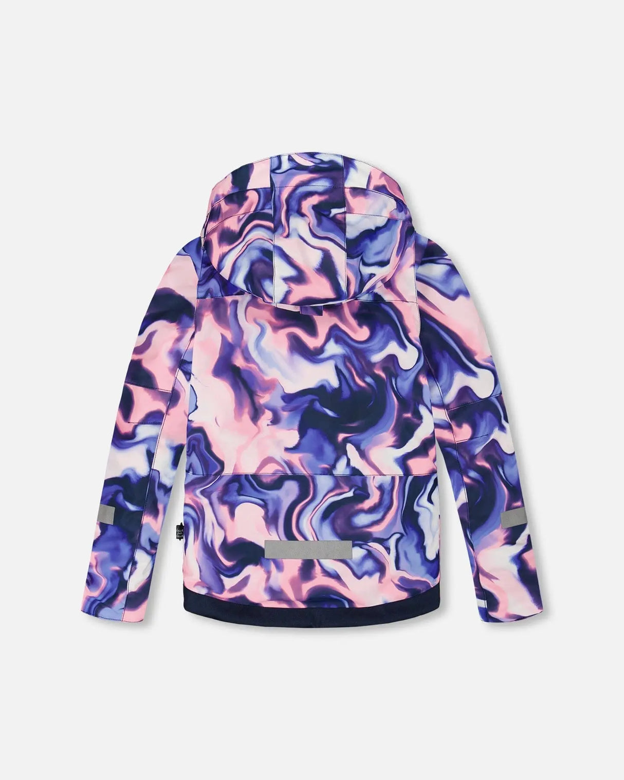 Back/angled view of child in Teknik snowsuit with removable helmet-friendly hood