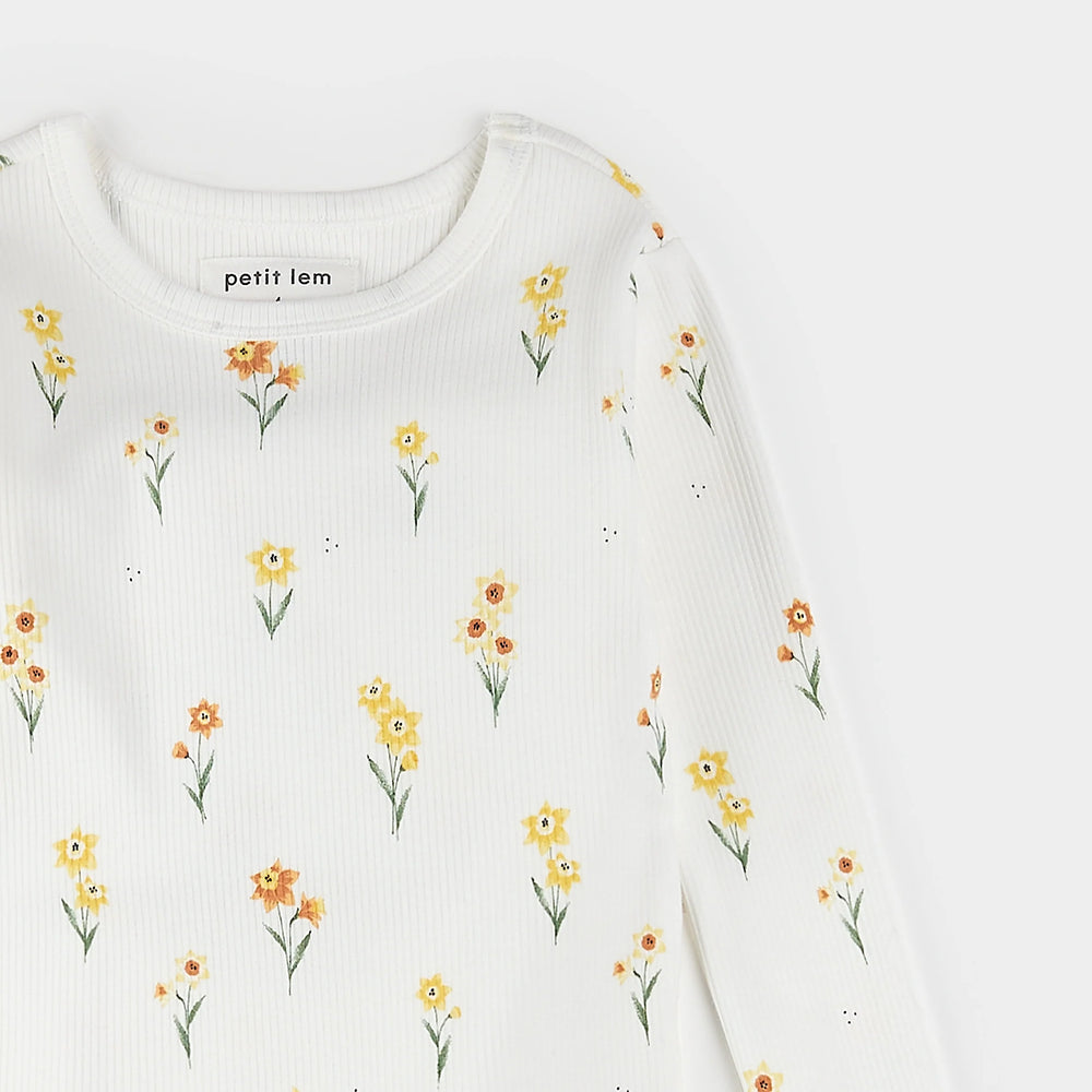 Back or alternate view of off-white daffodil print kids pajama top and pants