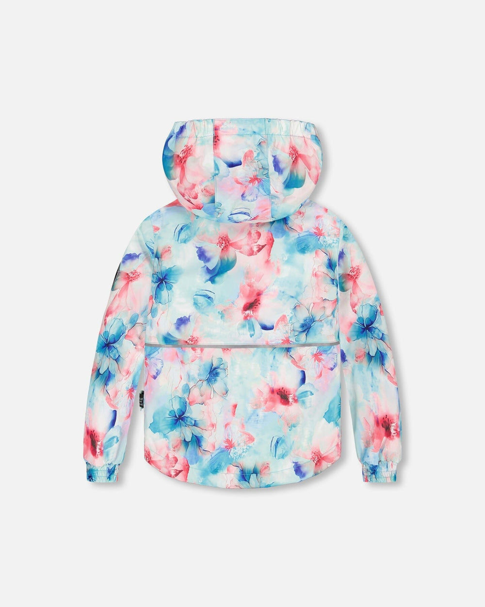 Back view of Deux par Deux turquoise snowsuit jacket with adjustable hood