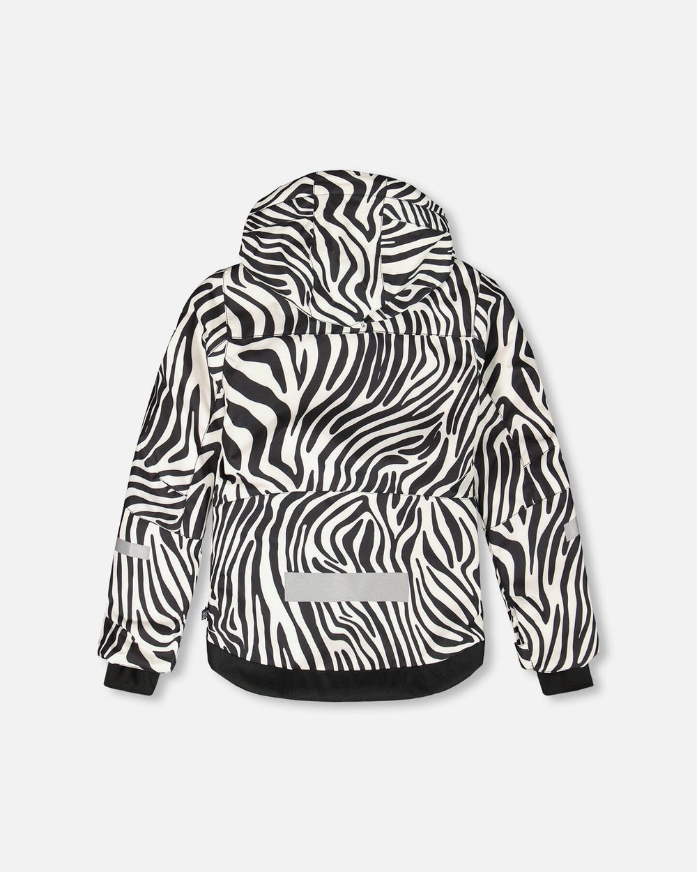 Back view of Deux par Deux zebra print TEKNIK snowsuit jacket with hood
