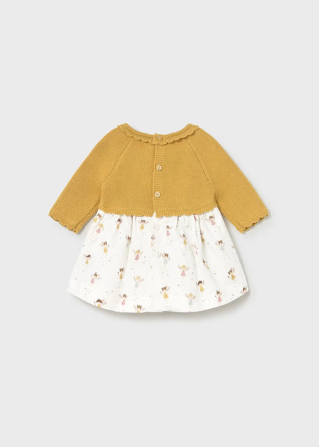 Back view of Mayoral baby girl knit printed dress with button fastening