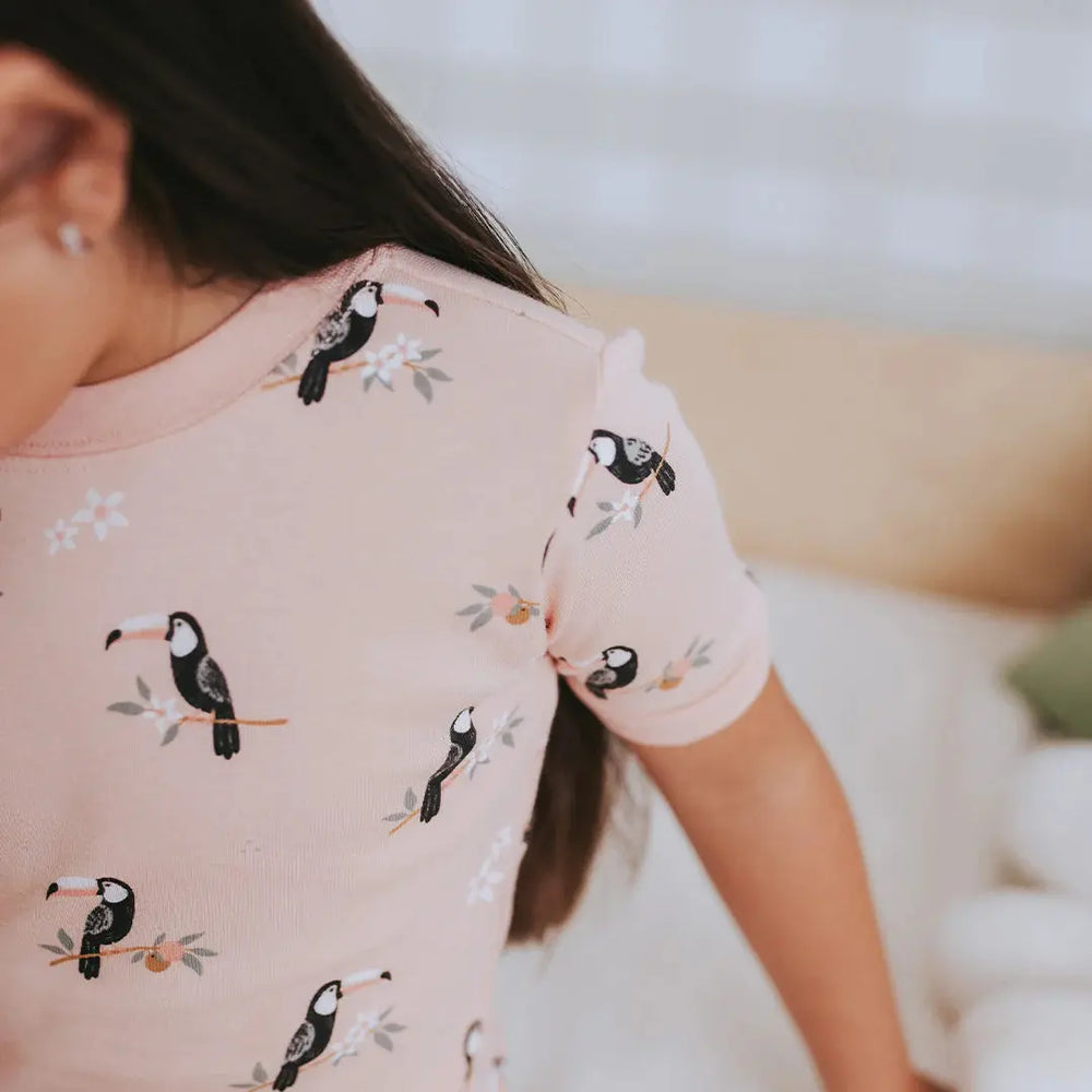 Back view of kids toucan print organic cotton summer sleepwear