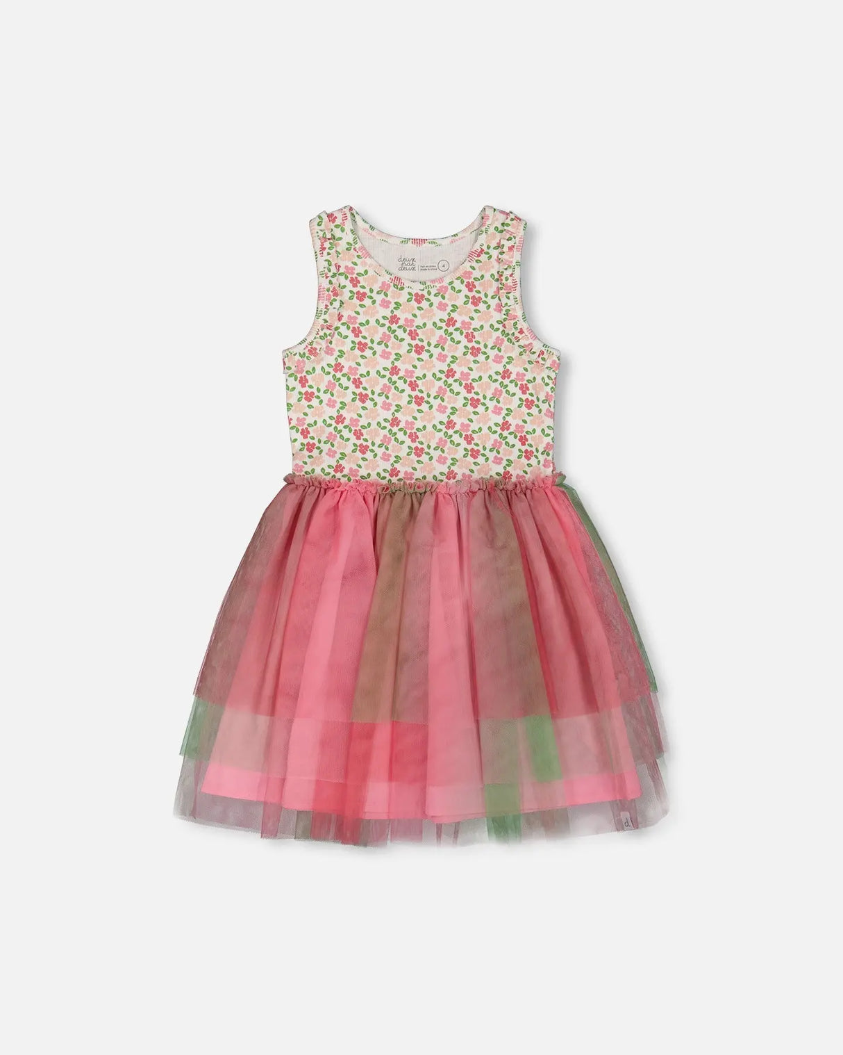 Bi-Material Cotton And Mesh Dress Small Flowers And Multicolored Gradient Skirt | Deux par Deux | Jenni Kidz
