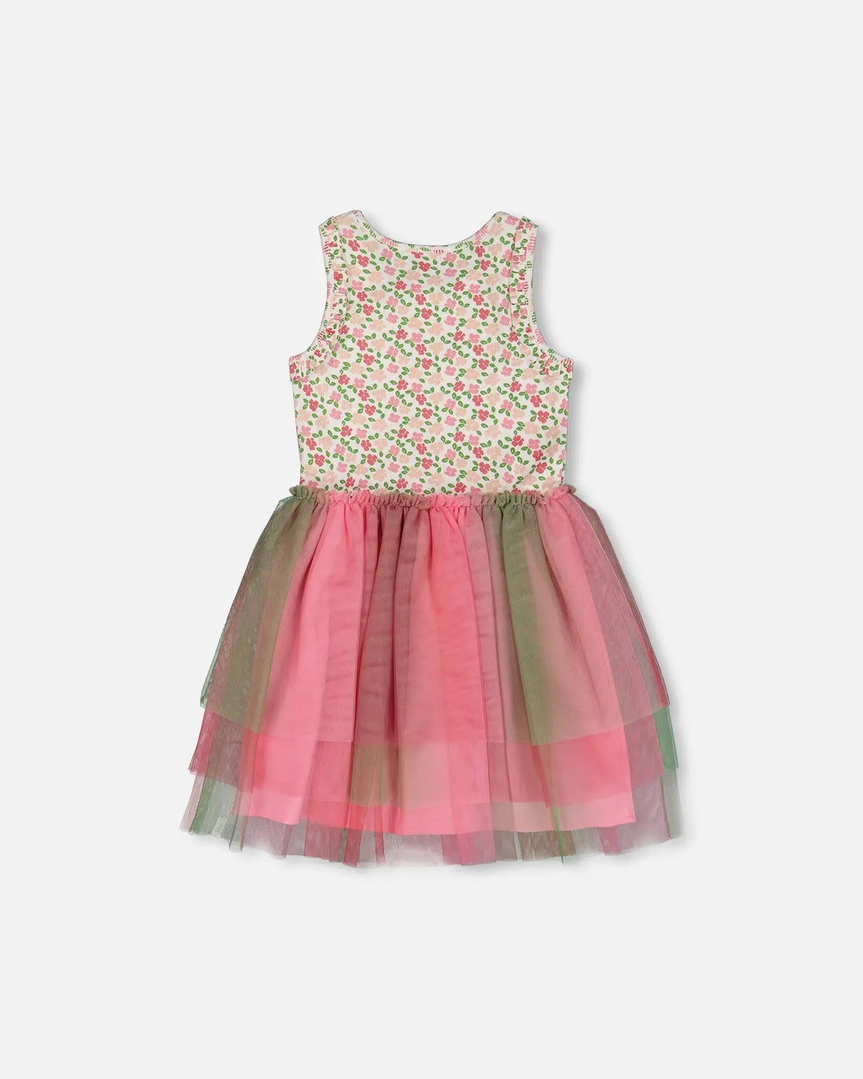 Bi-Material Cotton And Mesh Dress Small Flowers And Multicolored Gradient Skirt | Deux par Deux | Jenni Kidz