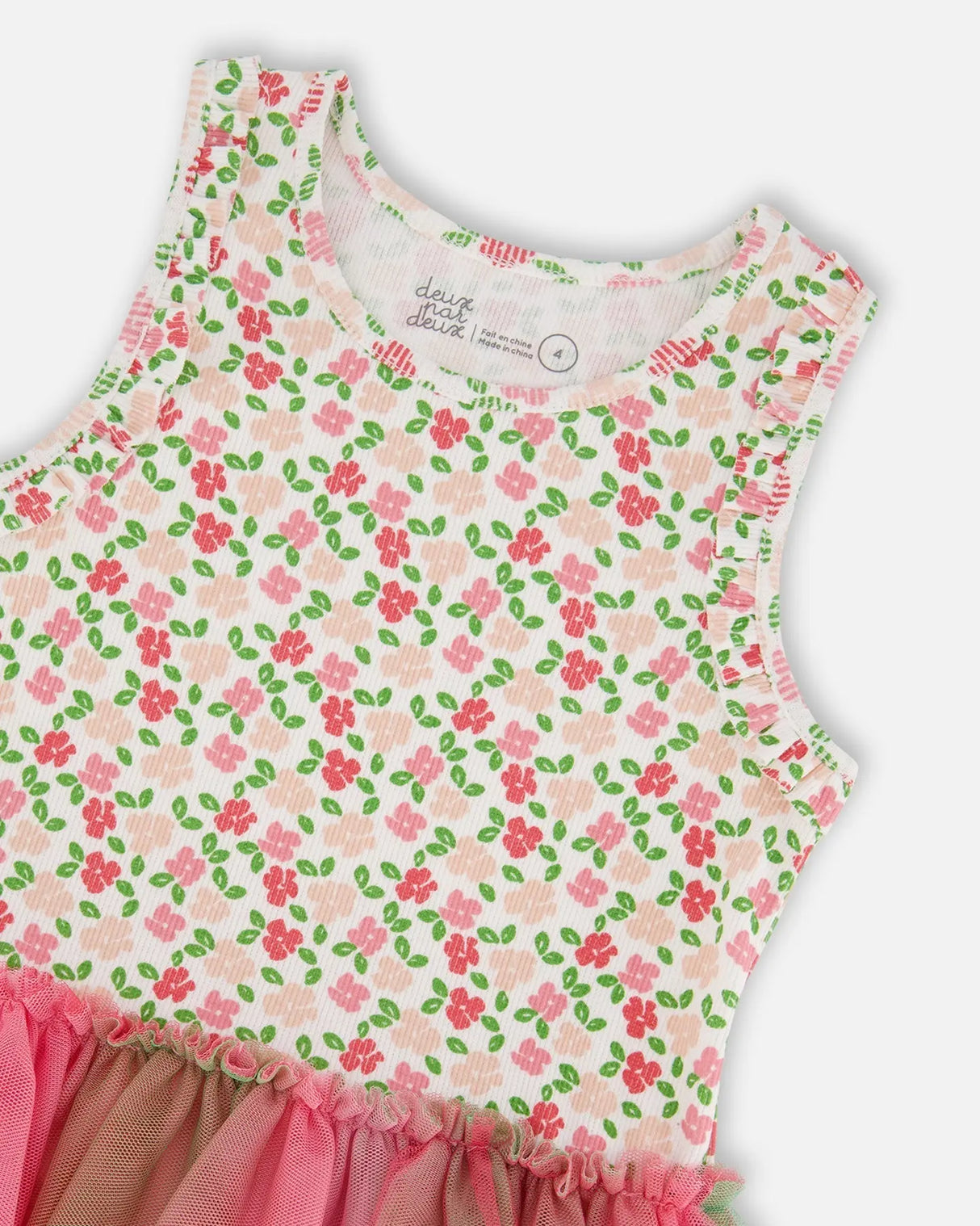 Bi-Material Cotton And Mesh Dress Small Flowers And Multicolored Gradient Skirt | Deux par Deux | Jenni Kidz