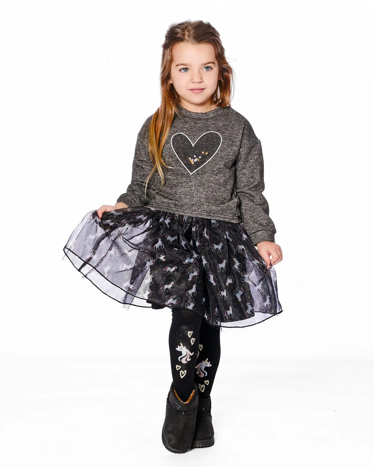 Bi-Material Dress Black With Mesh Skirt And Heart | Deux par Deux | Jenni Kidz