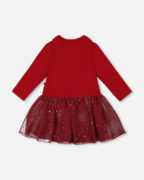 Bi-Material Dress With Glittering Skirt Red | Deux par Deux | Jenni Kidz