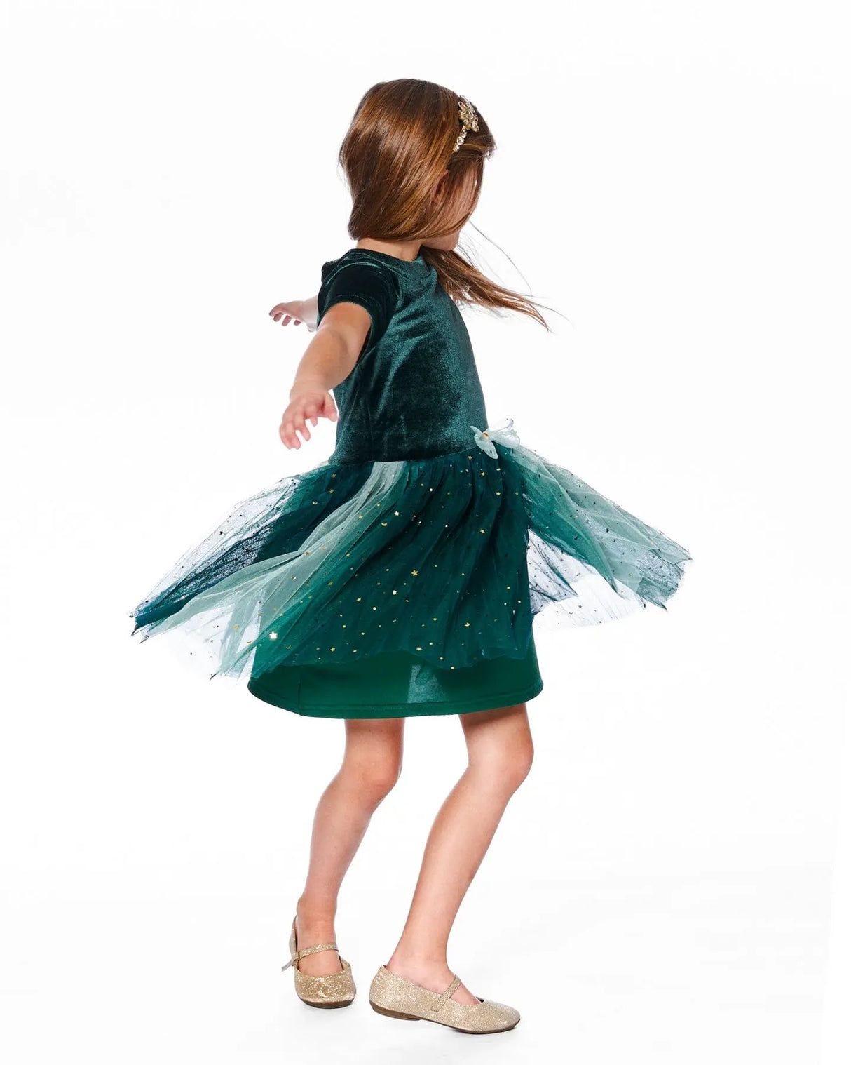 Bi-Material Short Sleeve Party Dress Forest Green | Deux par Deux | Jenni Kidz