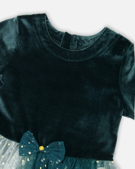 Bi-Material Short Sleeve Party Dress Forest Green | Deux par Deux | Jenni Kidz