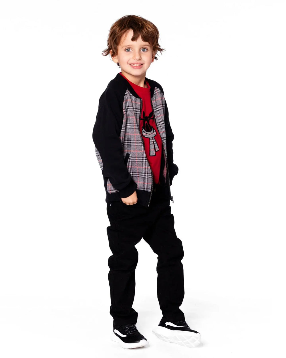 Bi-Material Zip Front Jacket Gray And Black Plaid | Deux par Deux | Jenni Kidz