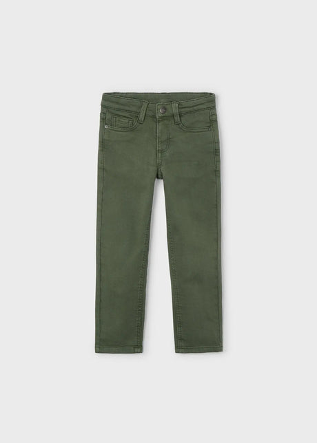 Olive Mayoral boys straight-leg pants in cotton twill with adjustable waistband and front/back pockets.