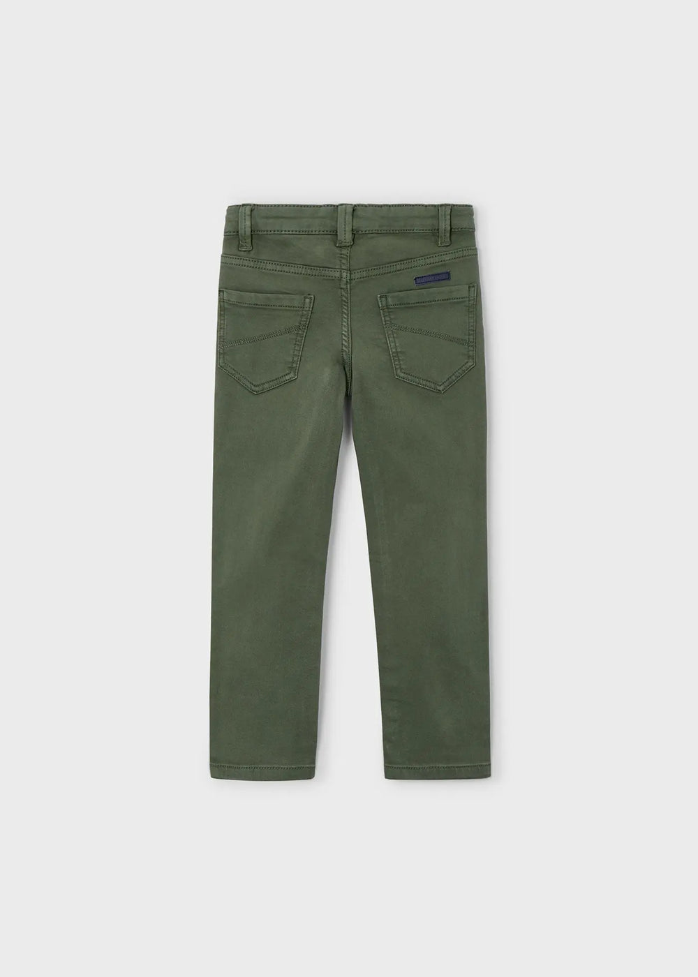 Back view of kids chinos in olive green showing pockets and regular fit.