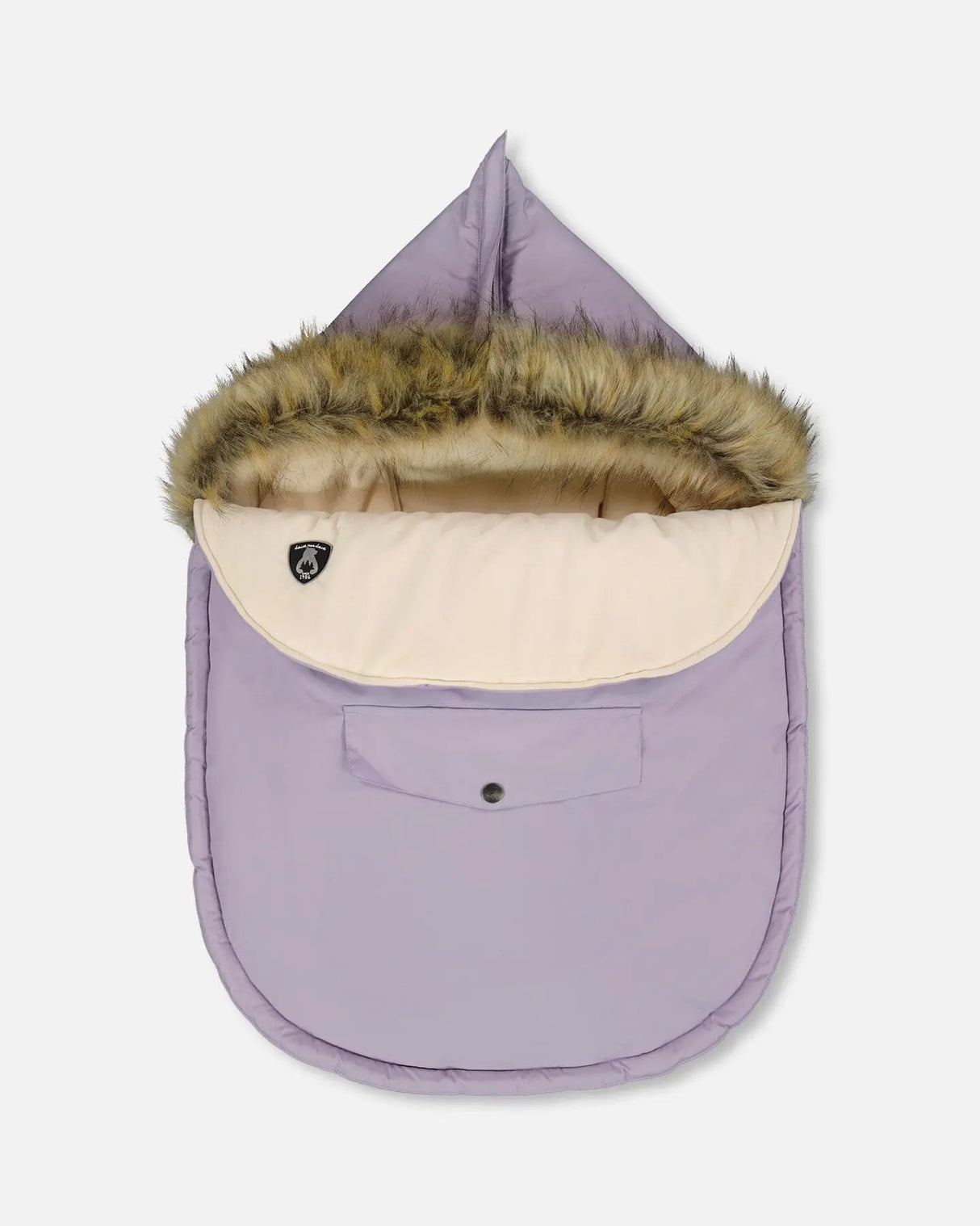 Deux par Deux baby bunting bag in purple gray on stroller, waterproof shell and faux-fur hood
