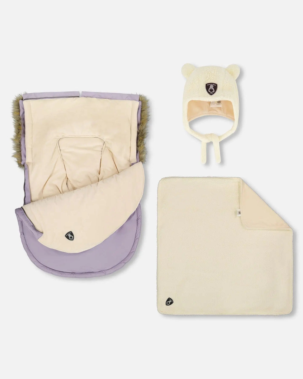 Infant footmuff 0–9 months installed on car seat, purple gray, full-length side zipper open