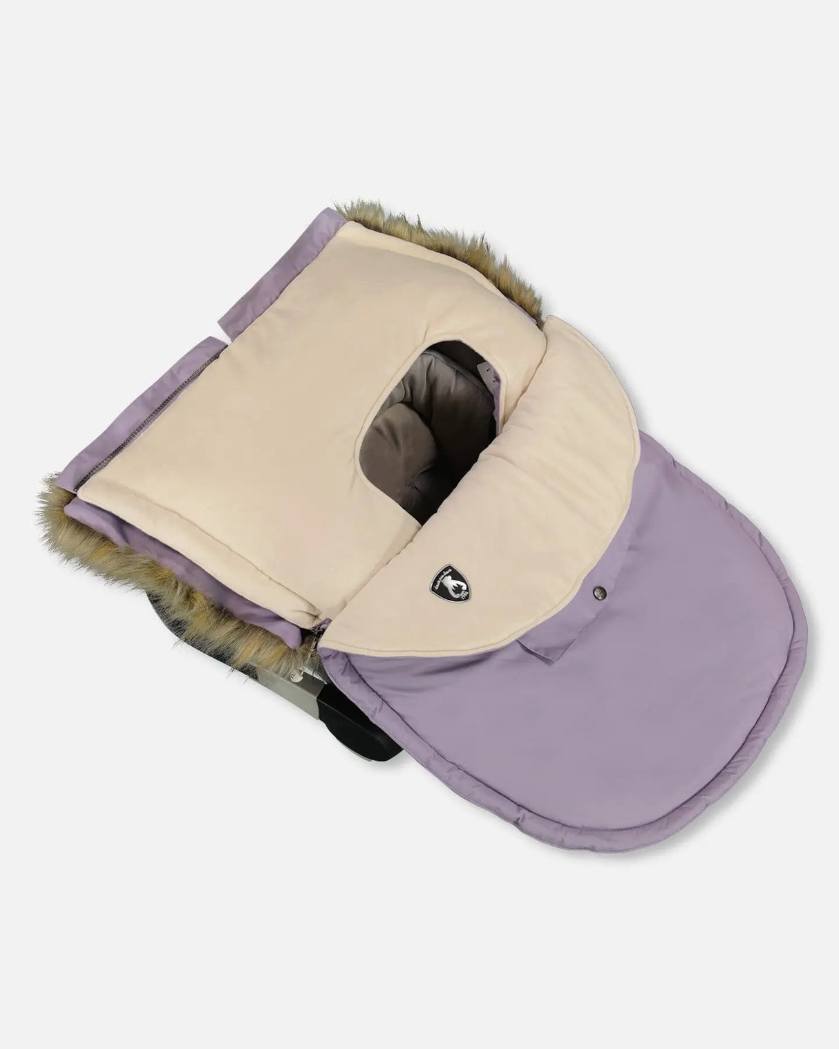 Car seat cover style bunting bag secured in infant carrier, purple gray