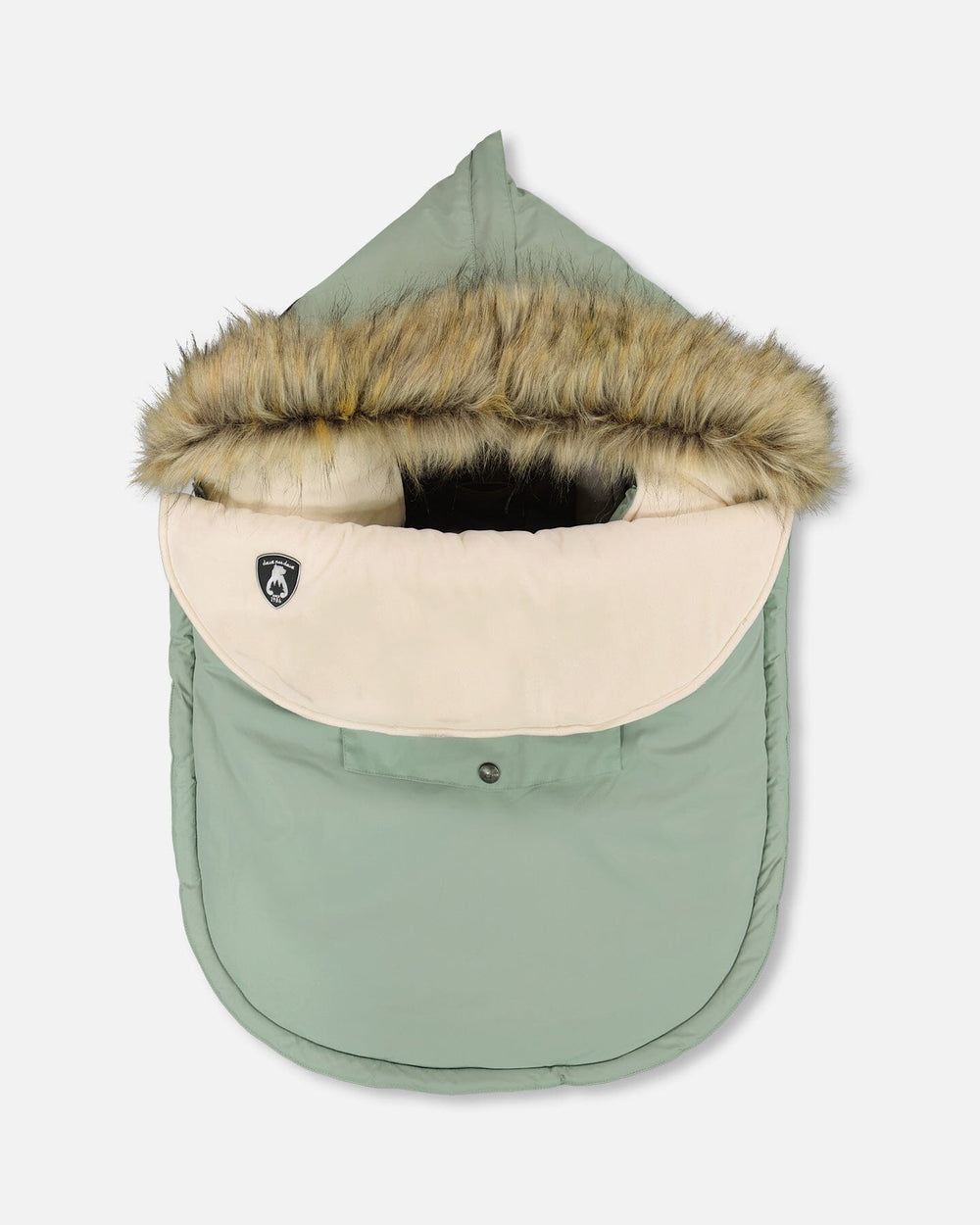 Deux par Deux baby bunting bag sage green with faux-fur hood — order now
