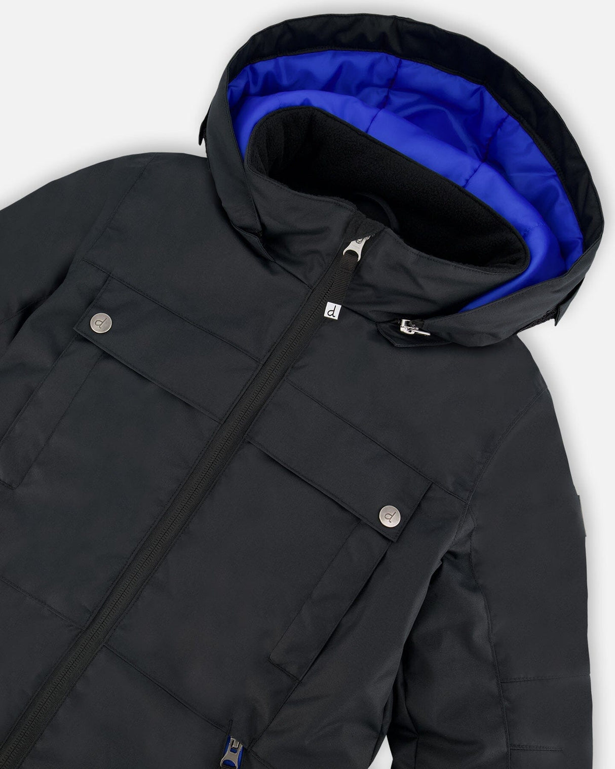 Close-up of detachable helmet-friendly hood and lining on black Teknik snowsuit