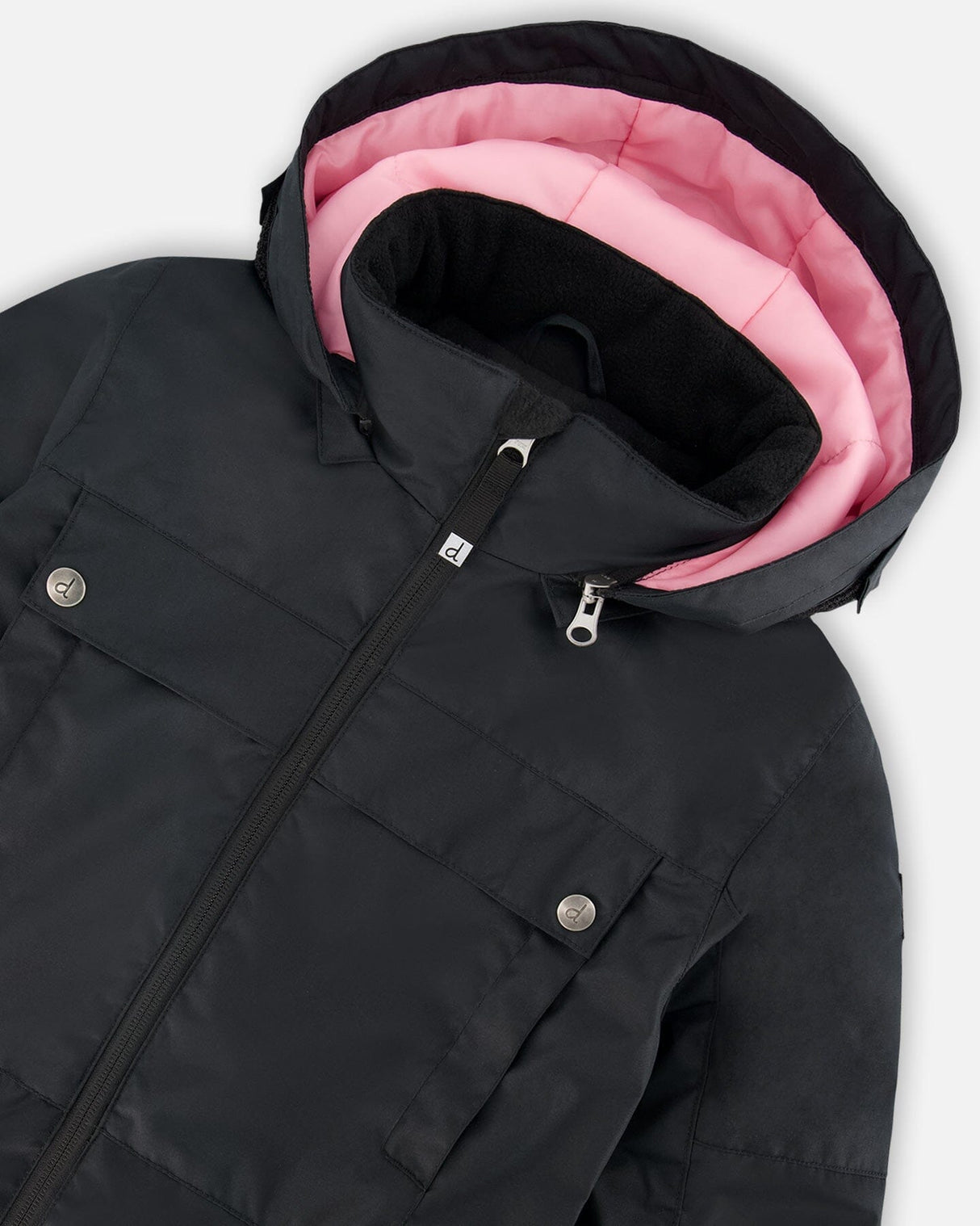 Close-up of detachable, helmet-friendly hood with soft pink fleece lining — black snowsuit