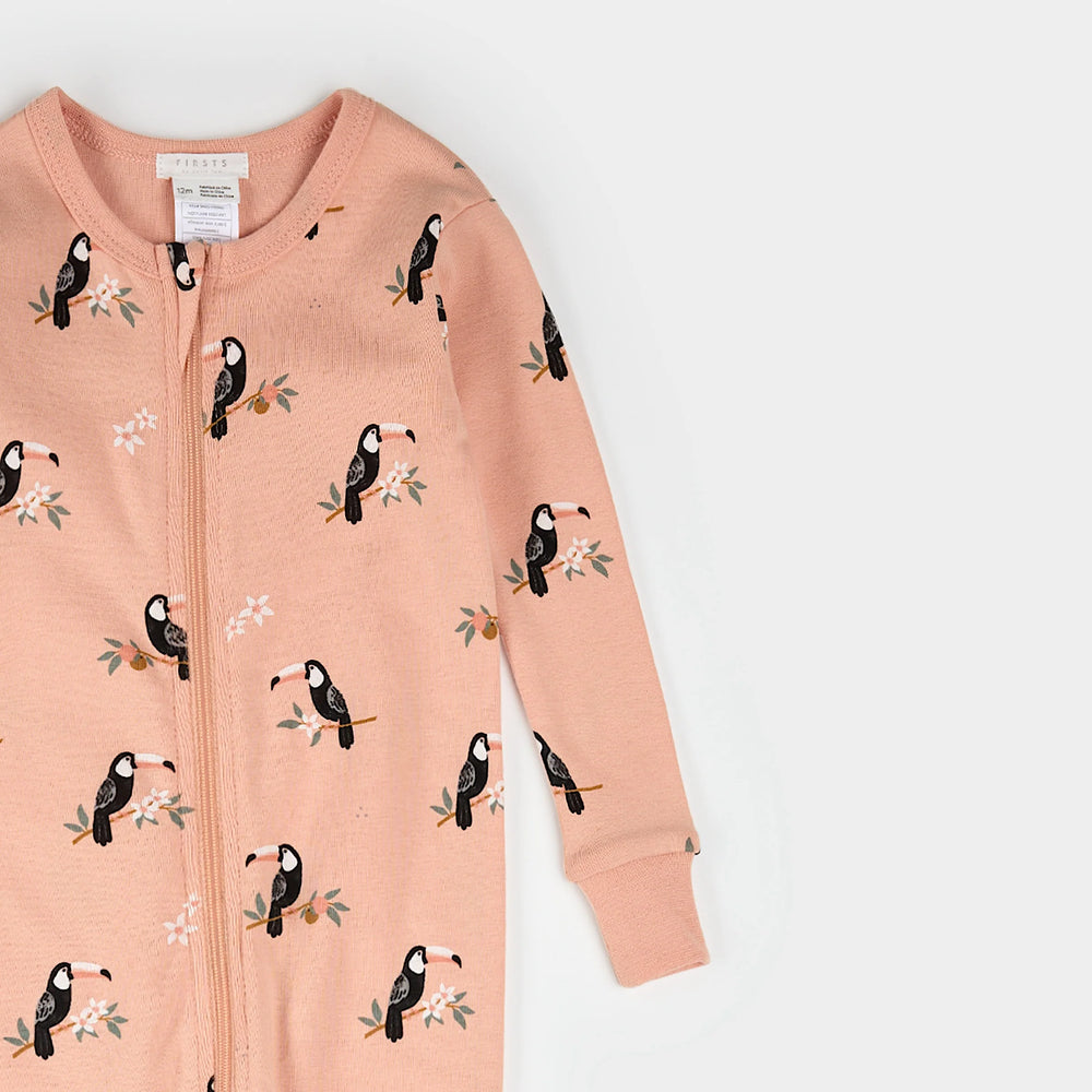 Close-up of ribbed cuffs and two-way zip on baby toucan convertible sleeper