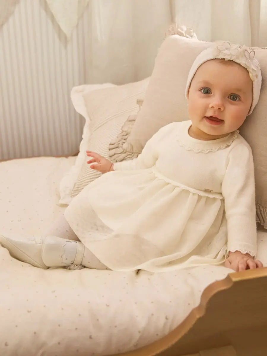 Combined Knit & Sparkle Tulle Formal Baby Girls Dress - Off White | Mayoral | Mayoral | Jenni Kidz