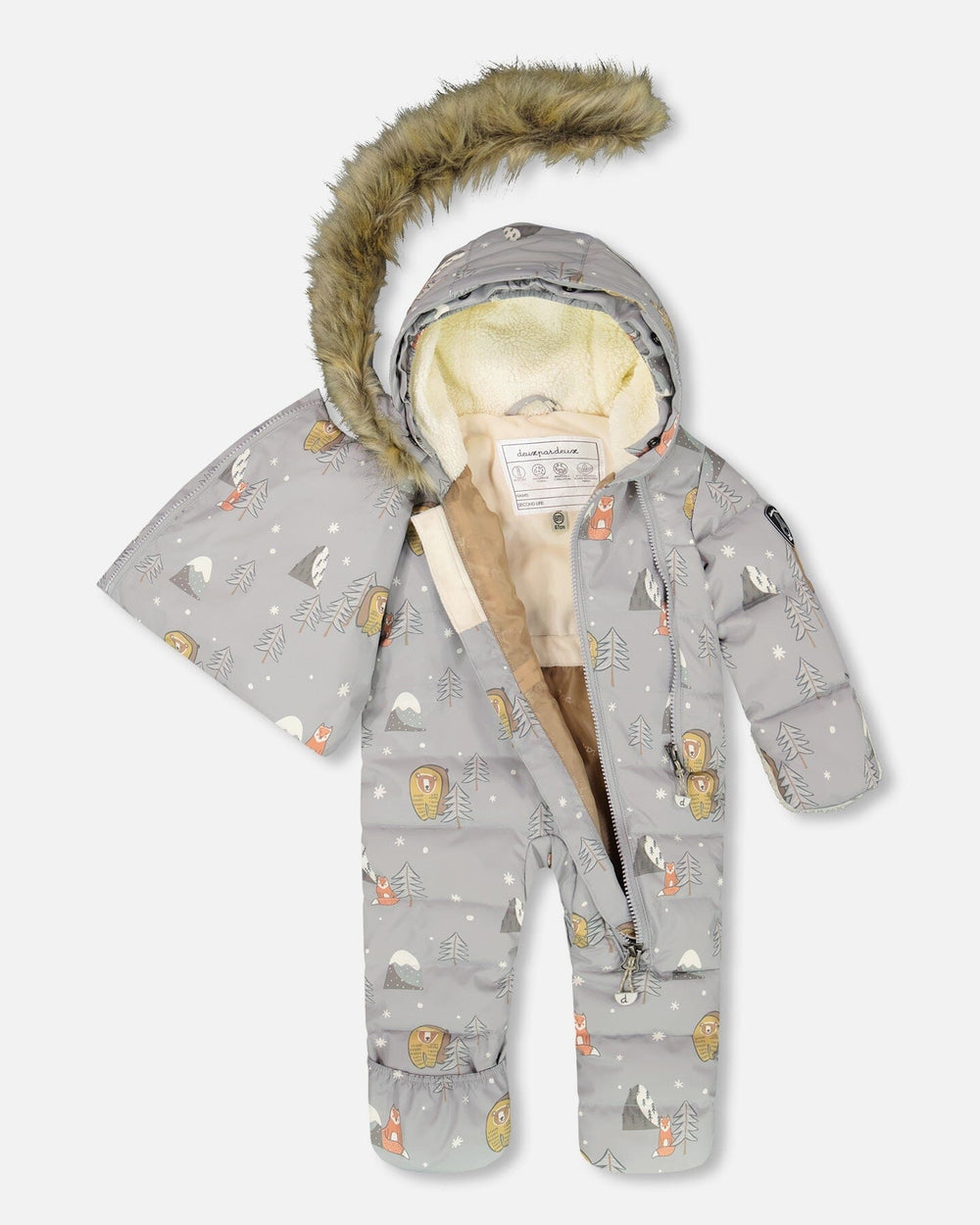 Detachable mittens and booties included with Deux par Deux baby boys gray bear snowsuit, sizes 3–30M