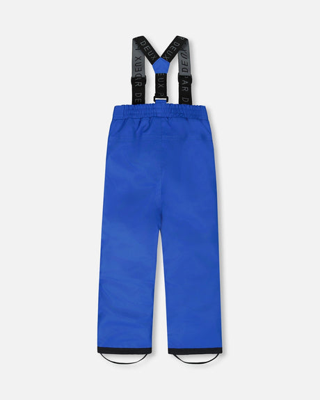 Detail of fleece-lined hood and waterproof seams on Deux par Deux blue snowsuit