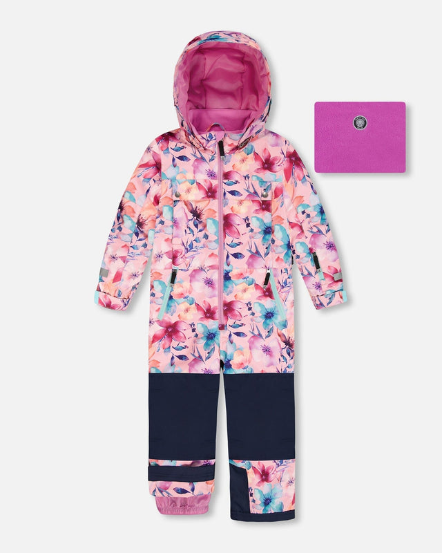 Deux par Deux one-piece Teknik snowsuit pink watercolor flower – front flat lay, PrimaLoft waterproof