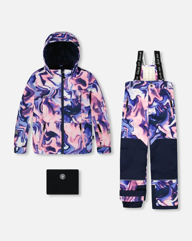 Deux par Deux two-piece Teknik snowsuit pink and blue marble – jacket and bib pants with accessories