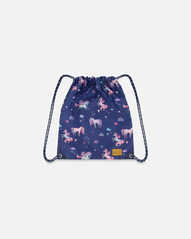 Drawstring Bag Navy Unicorn Print | Deux par Deux | Jenni Kidz