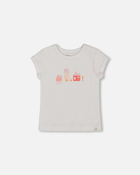 Flat Back Rib Top With Print White And Pink House | Deux par Deux | Jenni Kidz