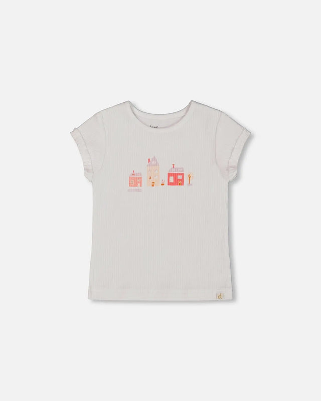 Flat Back Rib Top With Print White And Pink House | Deux par Deux | Jenni Kidz