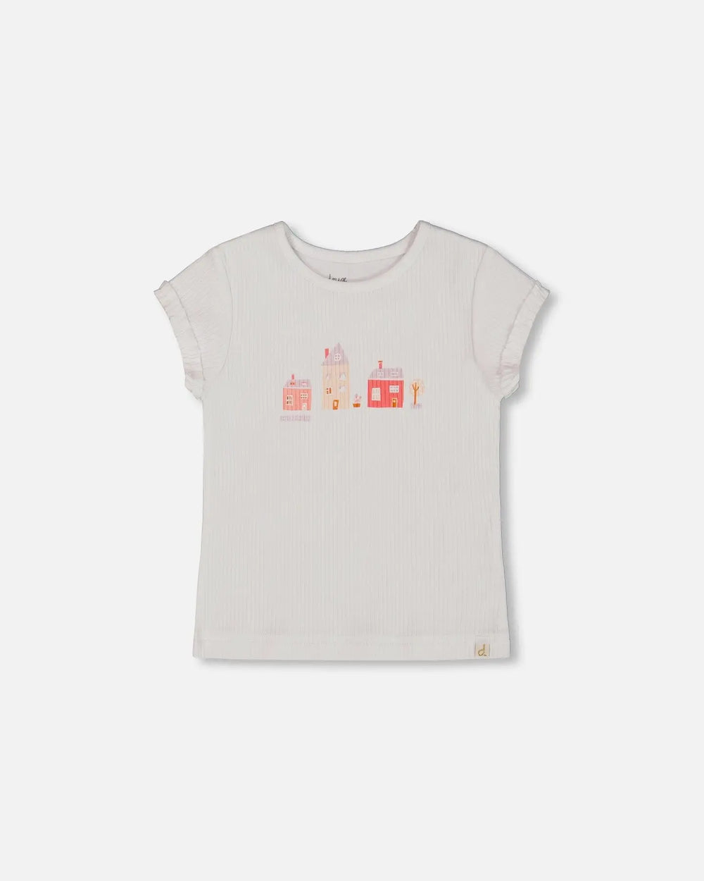 Flat Back Rib Top With Print White And Pink House | Deux par Deux | Jenni Kidz