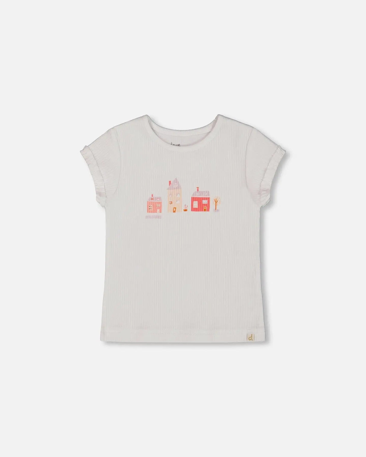 Flat Back Rib Top With Print White And Pink House | Deux par Deux | Jenni Kidz